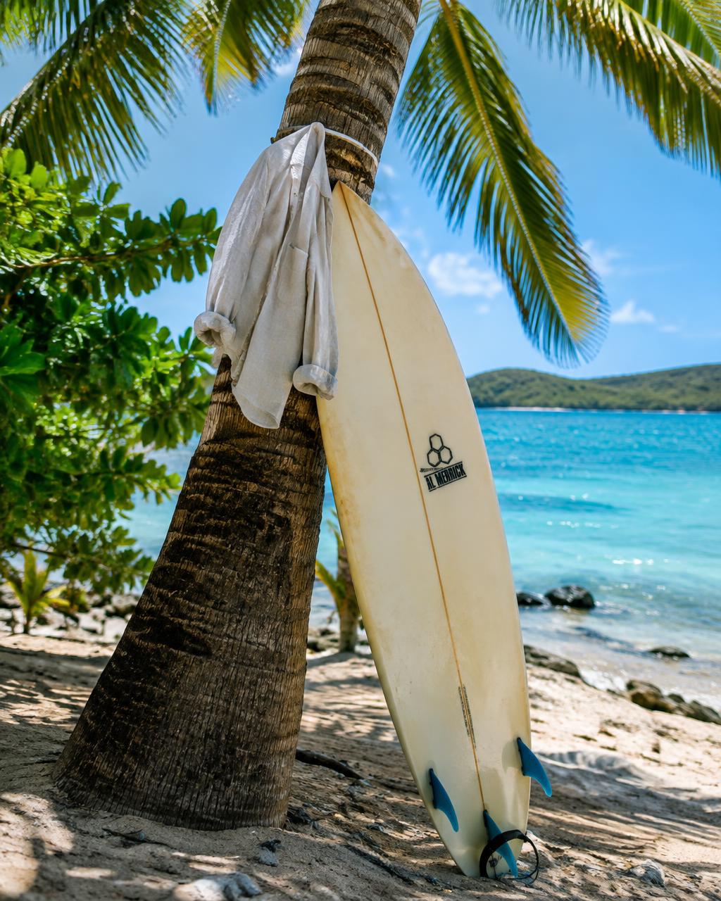 Surfboard resting on a palm tree by the sea
